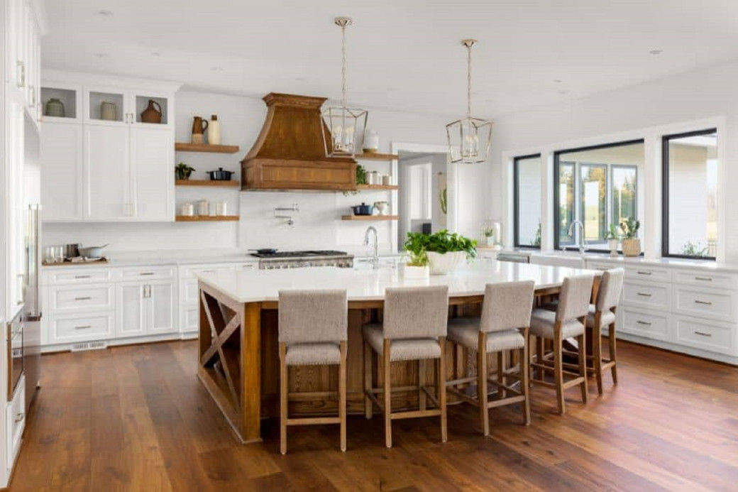 White kitchens with Wood accents